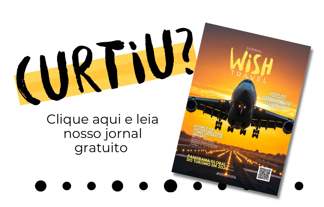 Banner convidando os leitores a baixar gratuitamente a edição do Jornal Wish Travel, com notícias, tendências e análises do turismo mundial.